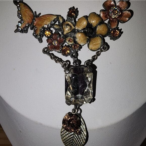 Floral Butterfly Necklace with Gold and Brown Accents 14"+2" - Picture 2 of 7